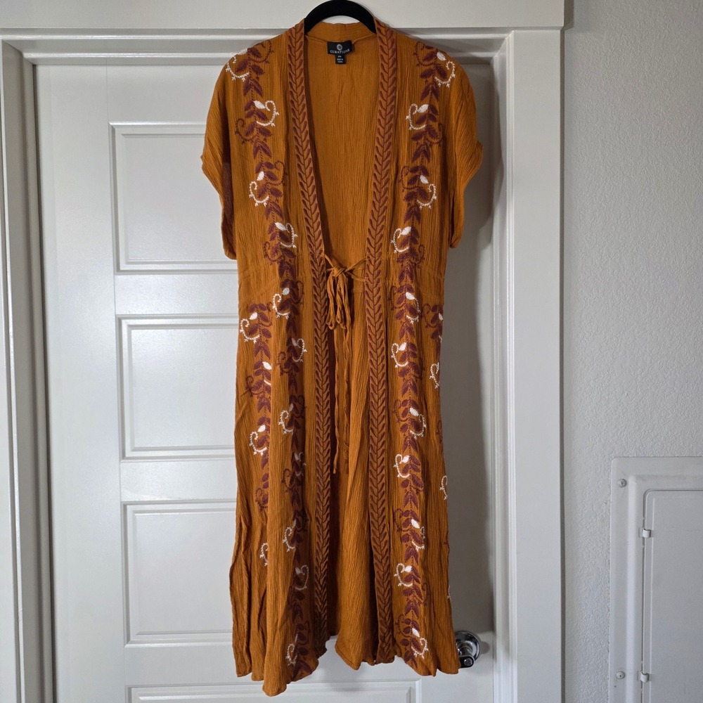 Curations Burnt Orange Embroidered Midi Duster Kimono PM Boho Drawstring Waist